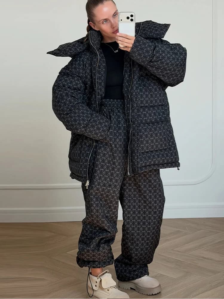 Fashion Print Hooded Puffer Coat Set Women Quilted High Neck Full Sleeve Zip Pockets Jacket Wide Leg Pants 2026 Winter Warm Sets