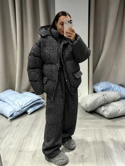 Fashion Print Hooded Puffer Coat Set Women Quilted High Neck Full Sleeve Zip Pockets Jacket Wide Leg Pants 2026 Winter Warm Sets