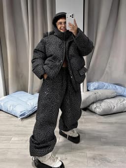 Fashion Print Hooded Puffer Coat Set Women Quilted High Neck Full Sleeve Zip Pockets Jacket Wide Leg Pants 2026 Winter Warm Sets