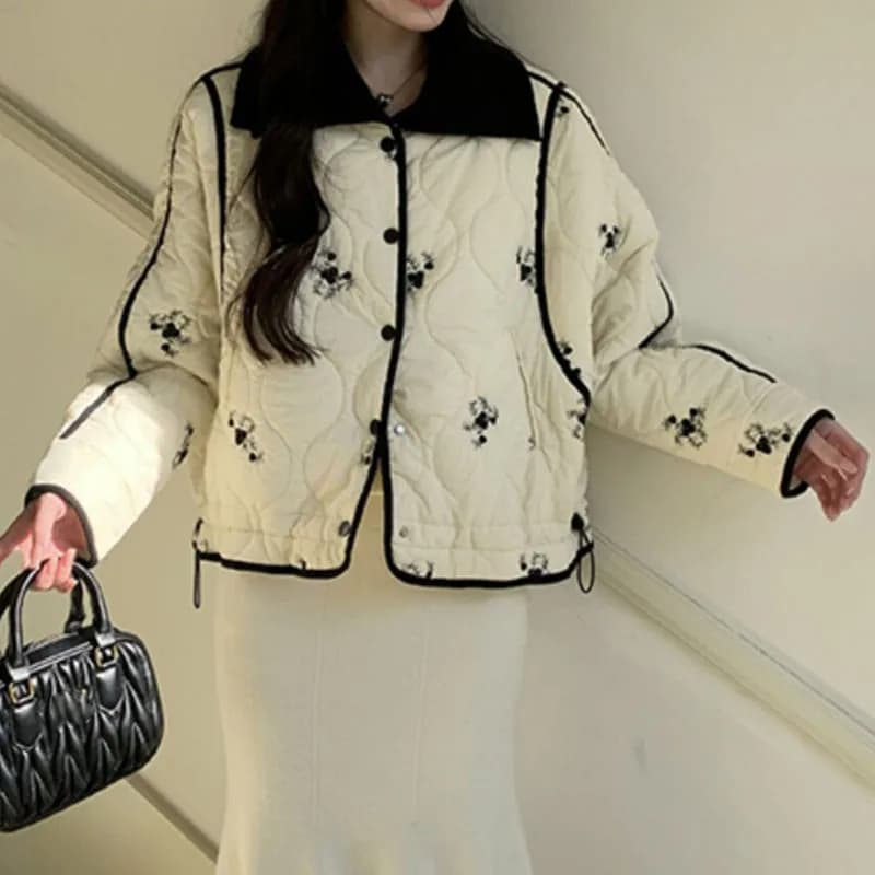 French Floral Printed Thick Short Padded Coat for Women Loose Fit All Match Winter Jackets Ladies Elegant Beige Warm Outerwear