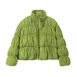 Korean Ruched Cropped Puffer Jacket for Women Winter Sweet Bubble Sleeve Padded Parkas Female Green Stand Collar Warm Outerwear