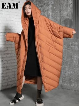 EAM Caramel Big Size Bat-shaped Thick Down Jacket New Hooded Long Sleeve Warm Women Parkas Fashion Autumn Winter 2026 30A5268