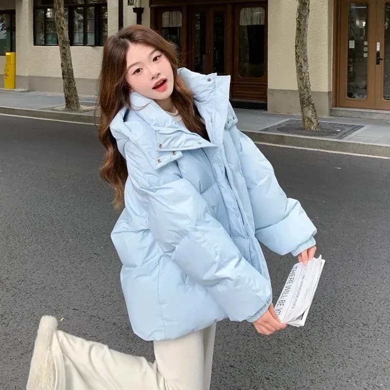 Milk Blue Fashionable Hooded Down Cotton Jacket For Women's Winter 2025 New Design Loose And Thick Warm Jacket Winter Coat Blue