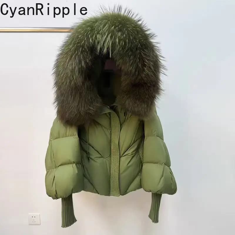 2026 New Autumn Winter Keep Warm Women Parkas Threaded Sleeve Hooded Down Jacket Solid Color Raccoon Fur Collar White Down Coat