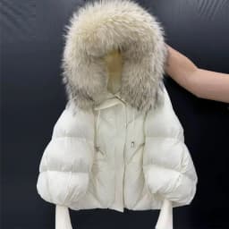 2026 New Autumn Winter Keep Warm Women Parkas Threaded Sleeve Hooded Down Jacket Solid Color Raccoon Fur Collar White Down Coat