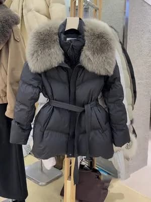 Korean Style Thickened Warm Cotton Jacket Women's Mid-Length Waist-Cinching Coat with Large Fur Collar Slimming Outerwear