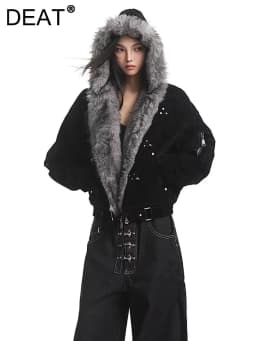 DEAT Fashion Brown Fur Hooded Cottn-padded Coat Women's Loose Aircraft Buckle Thick Short Parka Jacket Winter New
