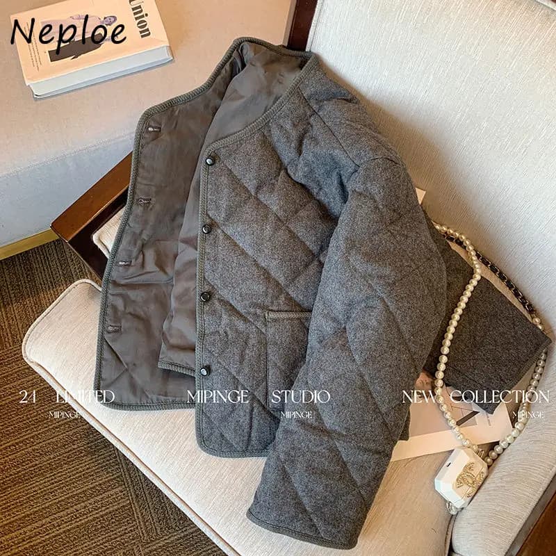 Neploe Simple Office Lady Vintage O Neck Plaid Coat Thin Casual Premium Western Style Parkas Warm Elegant High Street Soft Coats