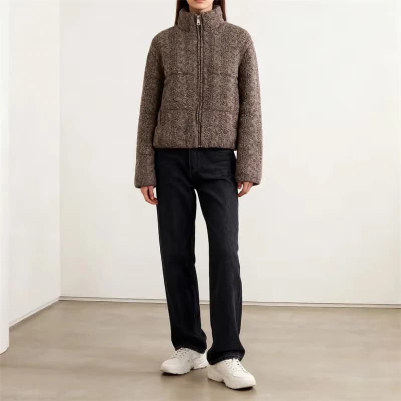 Women's Knitted Puffer Jacket, High Neck Zip-Up Short Coat, Warm Winter Outerwear with Multiple Colors