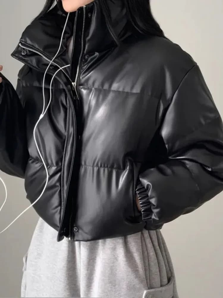 Chic Winter Thiened High Collar Zipper ort PU Leather Bread Sle Cotton Jaet Women's Faionable Versatile Loose Fit Coat