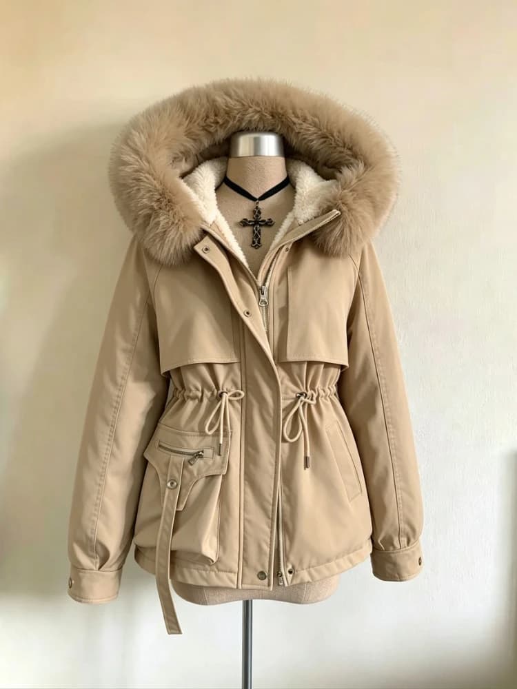 Y2k Vintage Long Sleeve Parka Faux Fur Collar Patchwork Autumn Winter Women Casual American Retro Padded Coat Solid 2026