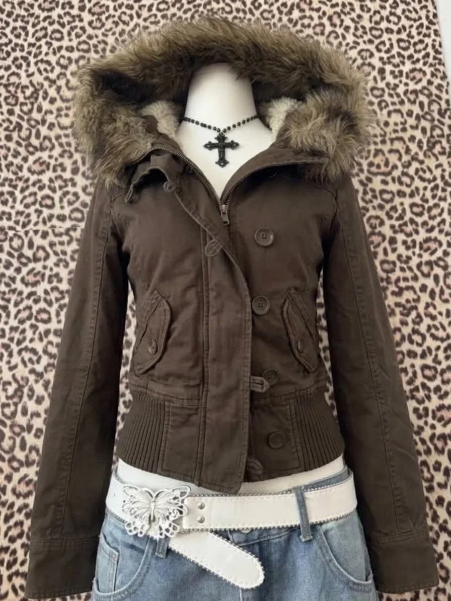 American Vintage Faux Fur Parka Women Y2K Retro Cotton‑padded Coat 2000s Retro Korean Style Warm Casual Winter Outerwear 2026