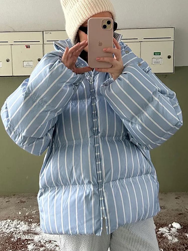 Women Casual Hooded Striped Cotton Coat Chic Full Sleeve Zipper Thicken Single Breasted Jacket Lady Winter Daily Street Outwears