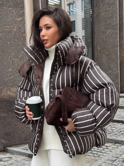 Women Casual Hooded Striped Cotton Coat Chic Full Sleeve Zipper Thicken Single Breasted Jacket Lady Winter Daily Street Outwears