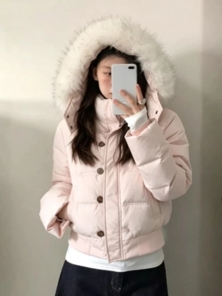 Winter Warm Cotton Padded Parka With Faux Fur Collar Y2K Vintage Casual Streetwear Thick Loose Oversized Outer Coat For Ladies