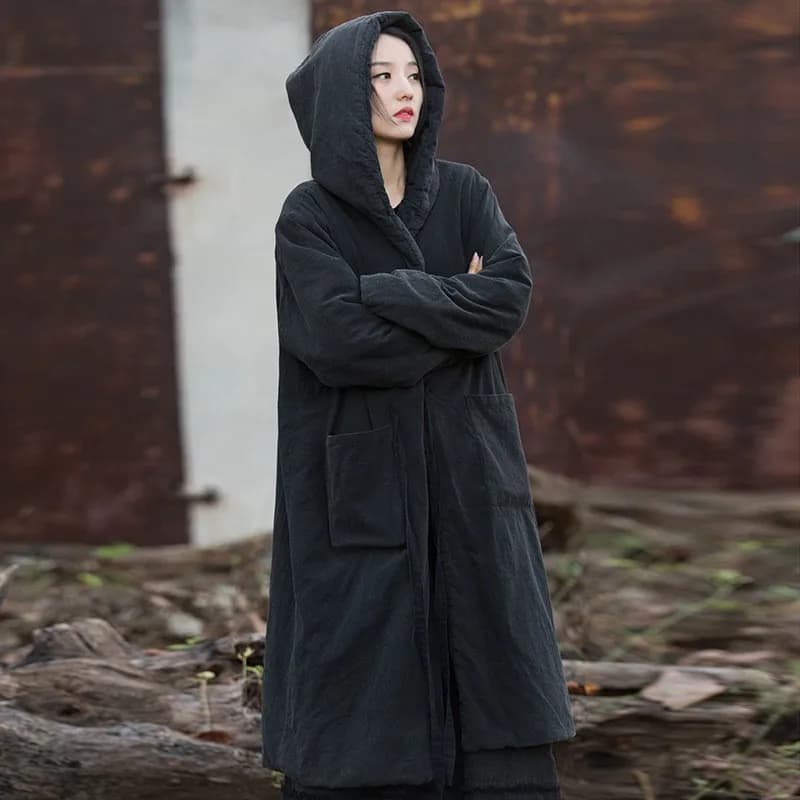 Johnature Women Black Hooded Long Sleeve Parkas Warm Long Sleeve Winter Coats 2025 New Female Chinese Style Bandage Parkas
