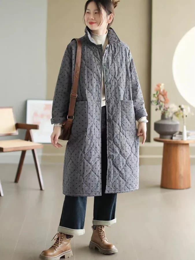 Authentic 2025 Autumn Winter Long Women's Cotton Padded Coat Polka Dot Diamond Stitch Thickened Jacket Comfortable Fit  C...