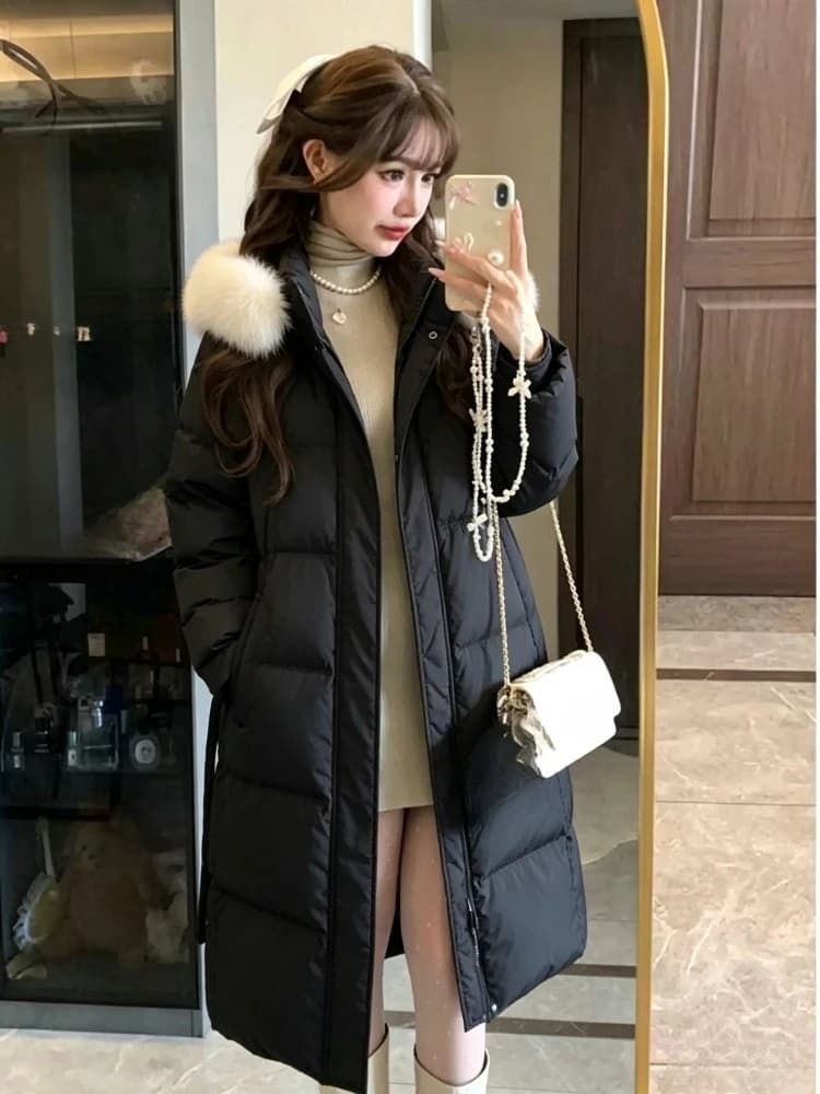 Y2K Vintage Korean Style Women Faux Fur Collar Hooded Parka Winter Warm Loose Casual Daily Long Sleeve Outerwear Overcoat Jacket