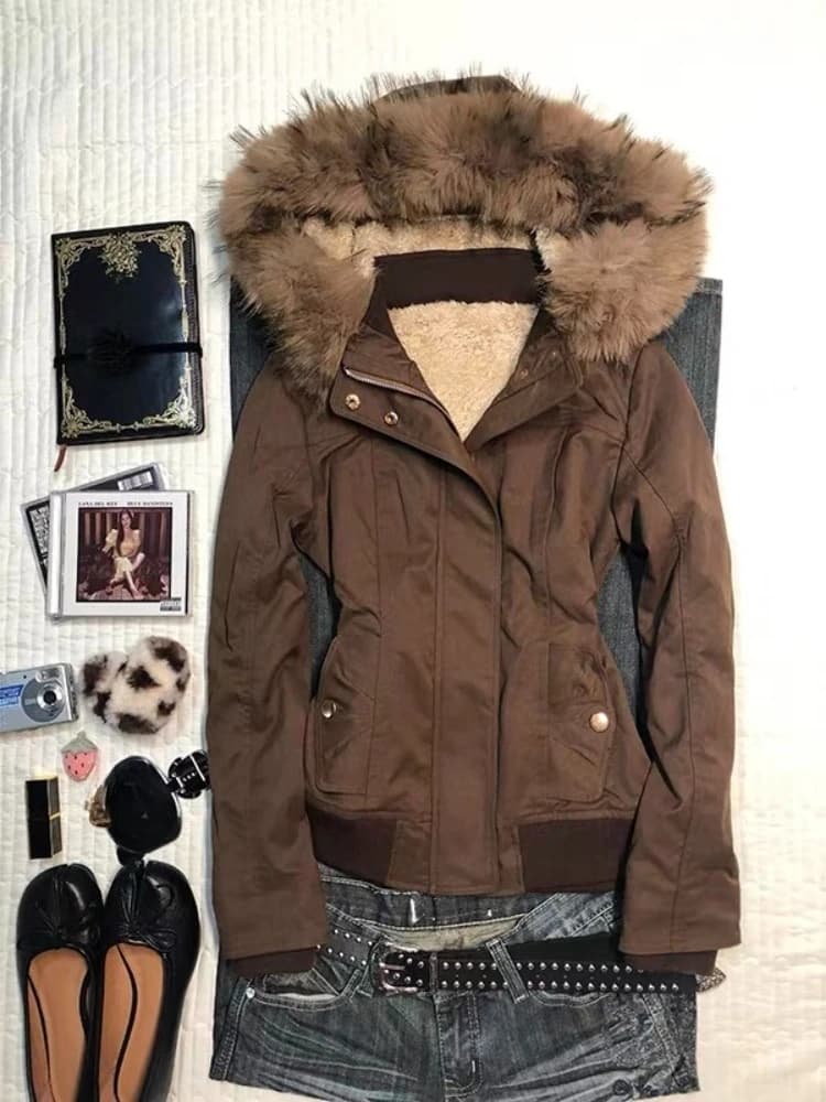American Vintage Faux Fur Parkas Coats 2026 Y2k Retro Cotton‑padded Jacket Korean Fashion Warm Casual Outwear Tops Winter