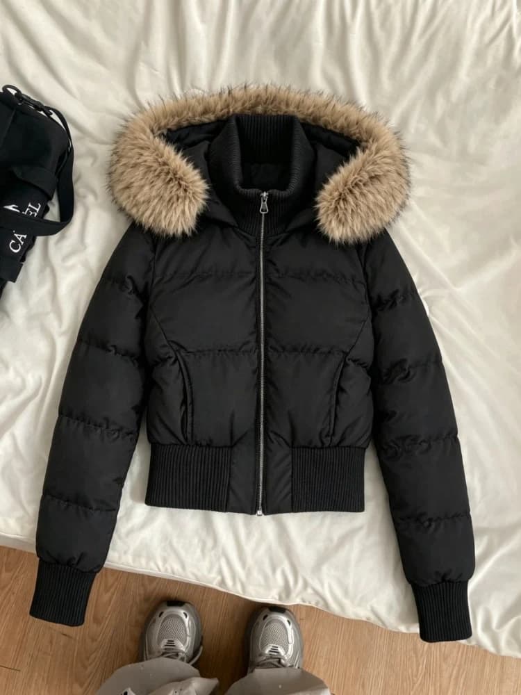 Korean Fashion Cotton padded Jacket Harajuku Casual Outerwear Tops Women Faux Fur Collar Parkas Coats Y2K American Vintage Daily
