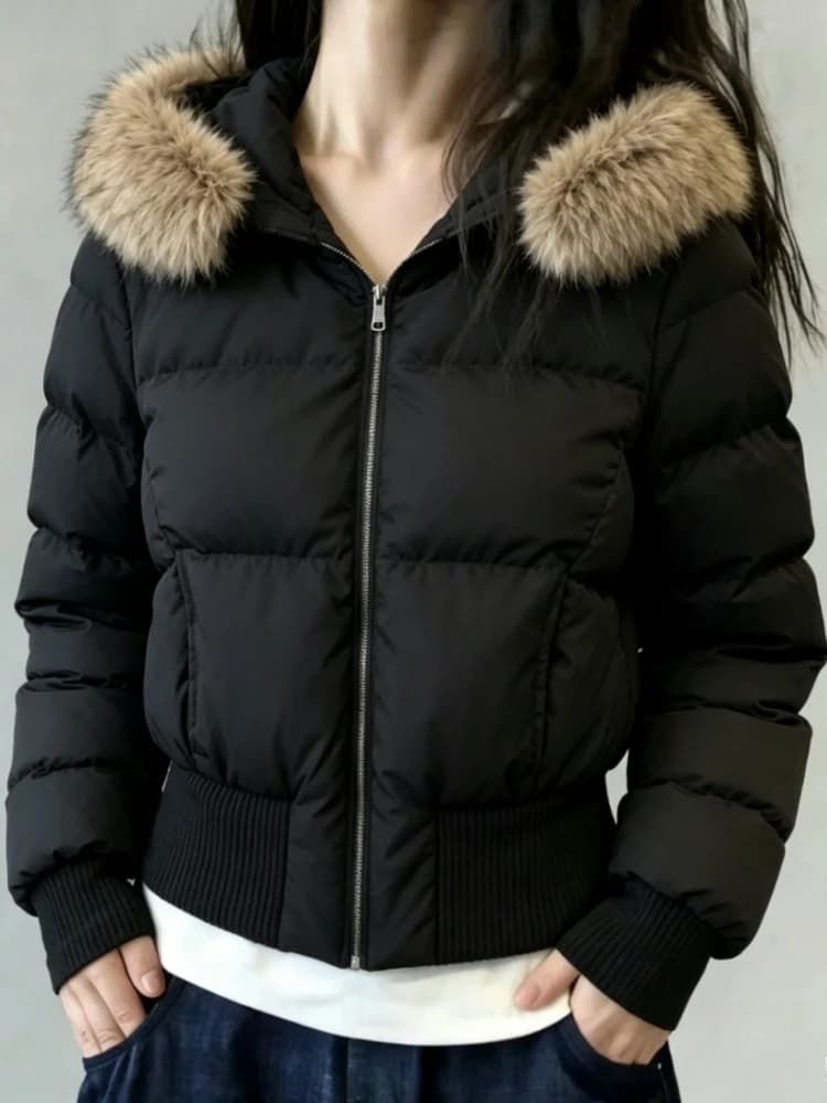 Korean Fashion Cotton‑padded Jacket Harajuku Casual Outerwear Tops Women Faux Fur Collar Parkas Coats Y2K American Vintage