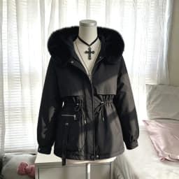 Faux Fur Collar Cotton Padded Jacket Autumn Winter Lace Up Loose Short Pocket Parkas Coats Commute Fashion Lady Outwear Daily