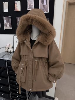 Faux Fur Collar Cotton Padded Jacket Autumn Winter Lace Up Loose Short Pocket Parkas Coats Commute Fashion Lady Outwear Daily