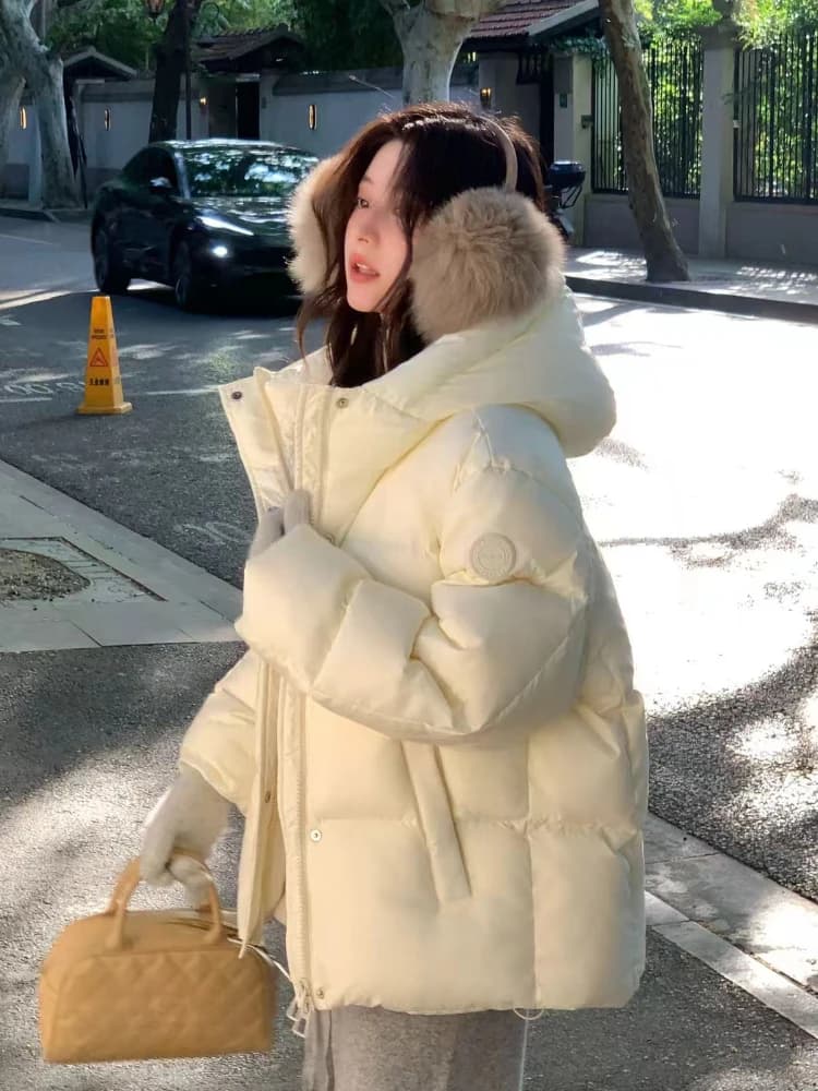 Y2K Vintage 2026 Korean Fashion Women Faux Fur Collar Hooded Jackets Winter Warm Cotton Padded Parka Casual Outerwear Coat