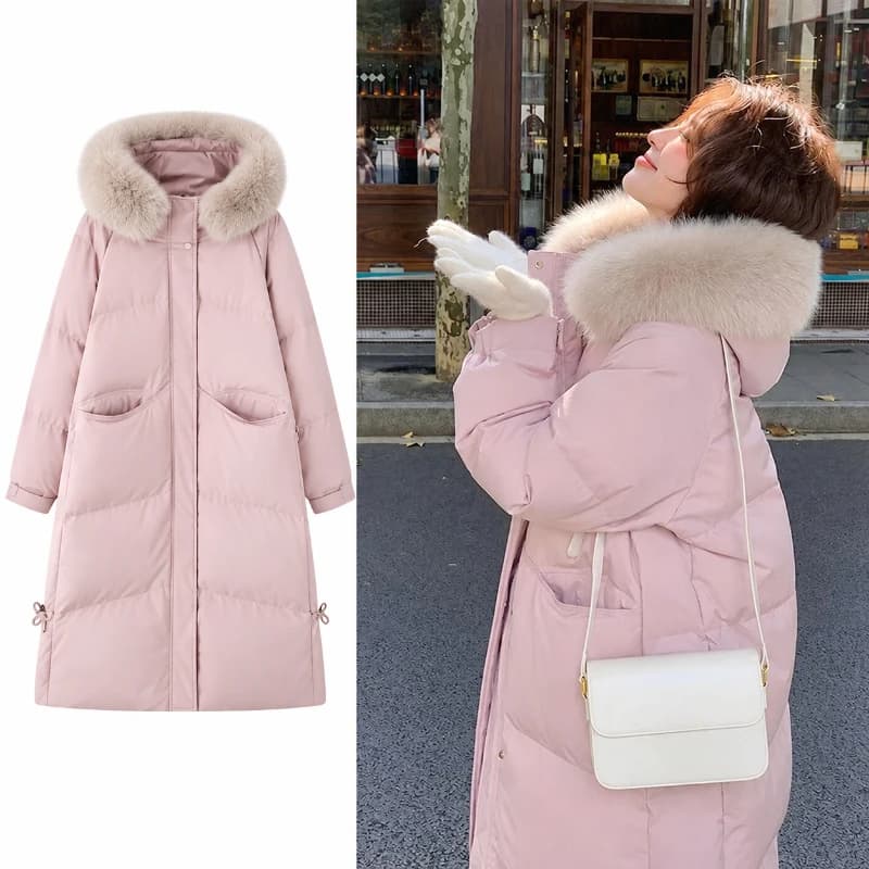 Women Winter Long Parka Jacket Faux Fur Collar Cotton Padded Coat Korean Style Warm Y2K Vintage Casual Streetwear Outerwear