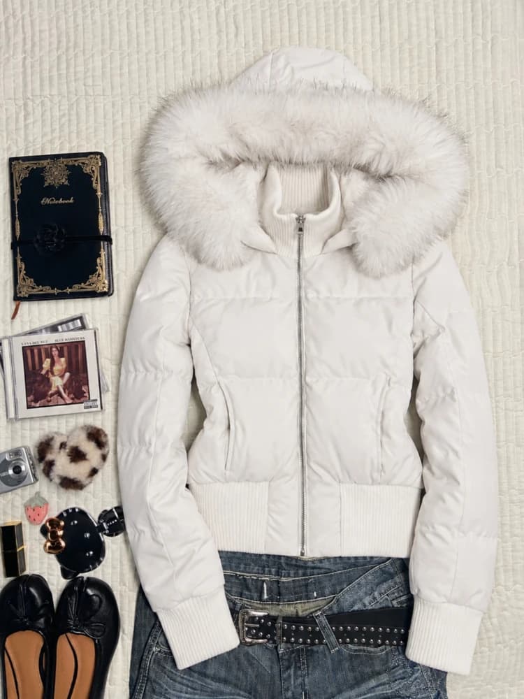Korean Fashion Women Faux Fur Collar Parkas Coats Y2K American Vintage Cotton‑padded Jacket Harajuku Casual Outerwear Tops