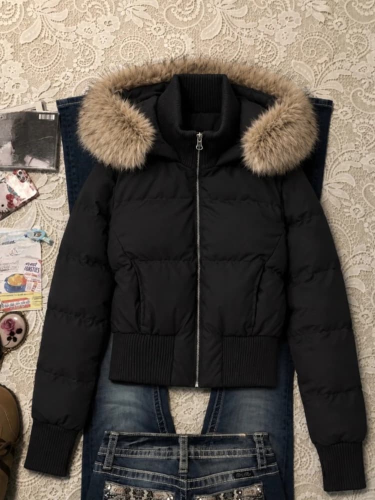 Korean Fashion Cotton‑padded Jacket Harajuku Casual Outerwear Tops Women Faux Fur Collar Parkas Coats Y2K American Vintage