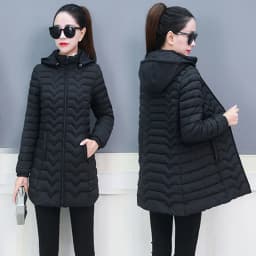 2025 New Style Women's Slim Fit Lightweight Cotton Jacket Black down Filled Coat Long Sleeves Zipper Closure Removable Hat
