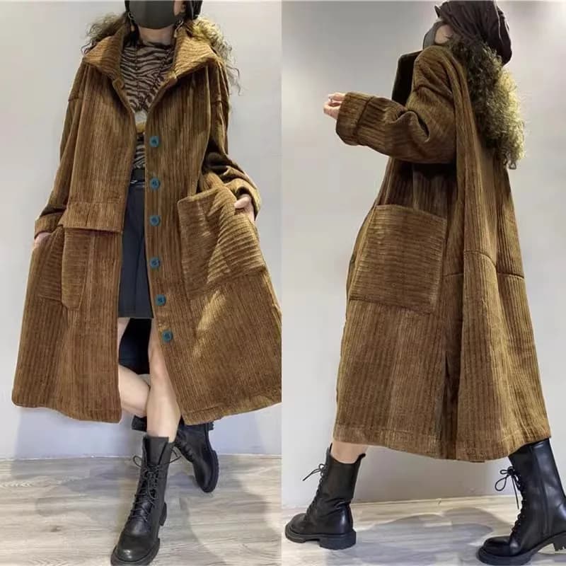 Thickened Fleece Long Corduroy Warm Outerwear Women's Single Button Open Cardigan Windbreaker Autumn Winter Outerwear