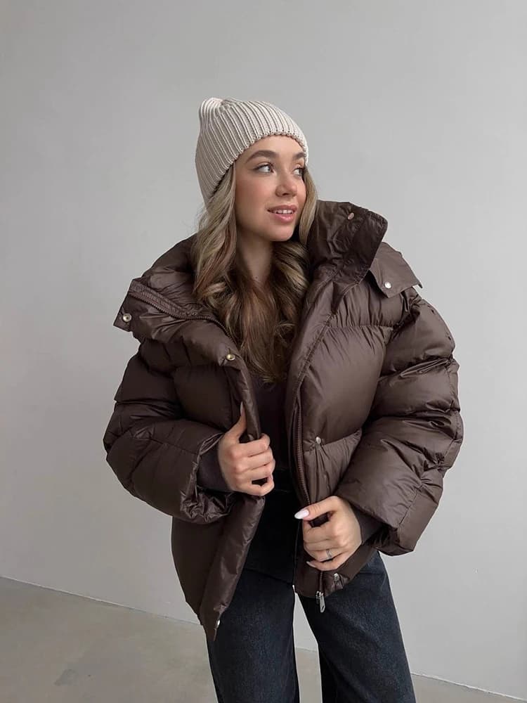 Winter Short Thick Hooded Puff Down Jacket Female Warm Loose Brown Jackets Women White Duck Down Zipper Parker Cotton Outwears