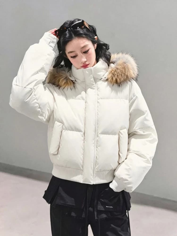 Winter 2026 Korean Style Women Faux Fur Collar Hooded Coat Warm Cotton Padded Jacket Y2K Vintage Casual Parka Outerwear Tops