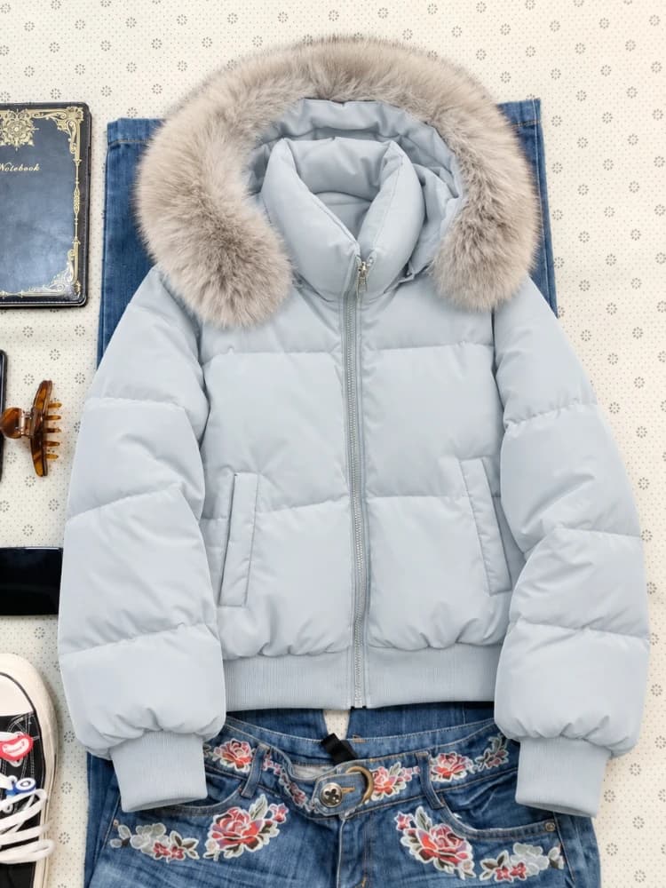 2026 Korean Fashion Women Faux Fur Collar Winter Coat Warm Cotton Padded Jacket Y2K Casual Vintage Parka Outerwear Coats