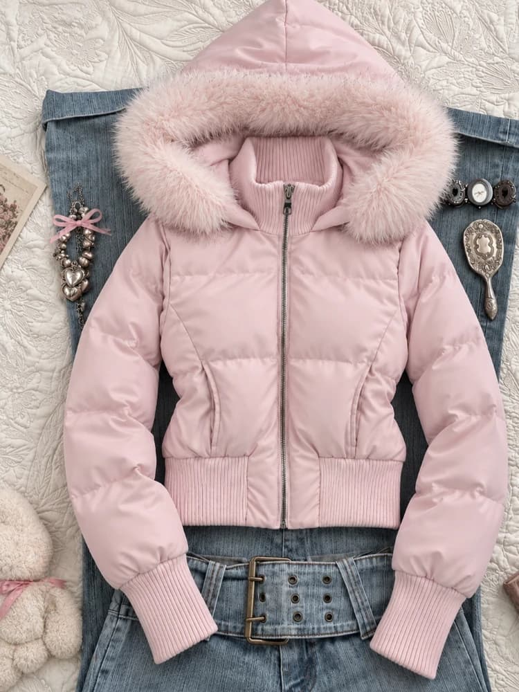 American Vintage Cotton‑padded Jacket Korean Fashion Women Faux Fur Collar Parkas Coats Y2K Harajuku Casual Outerwear Tops