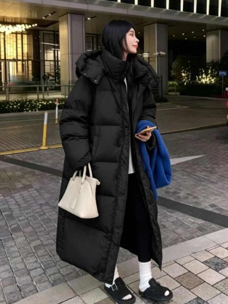2026 Korean Y2K Vintage Women Long Faux Fur Collar Parka Winter Warm Thick Cotton Padded Overcoat Atmosphere Casual Outerwear