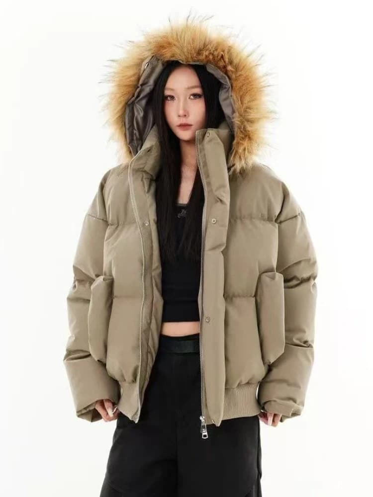 2026 Korean Style Winter Women Faux Fur Collar Hooded Coat Warm Cotton Padded Jacket Y2K Vintage Casual Parka Outerwear Tops