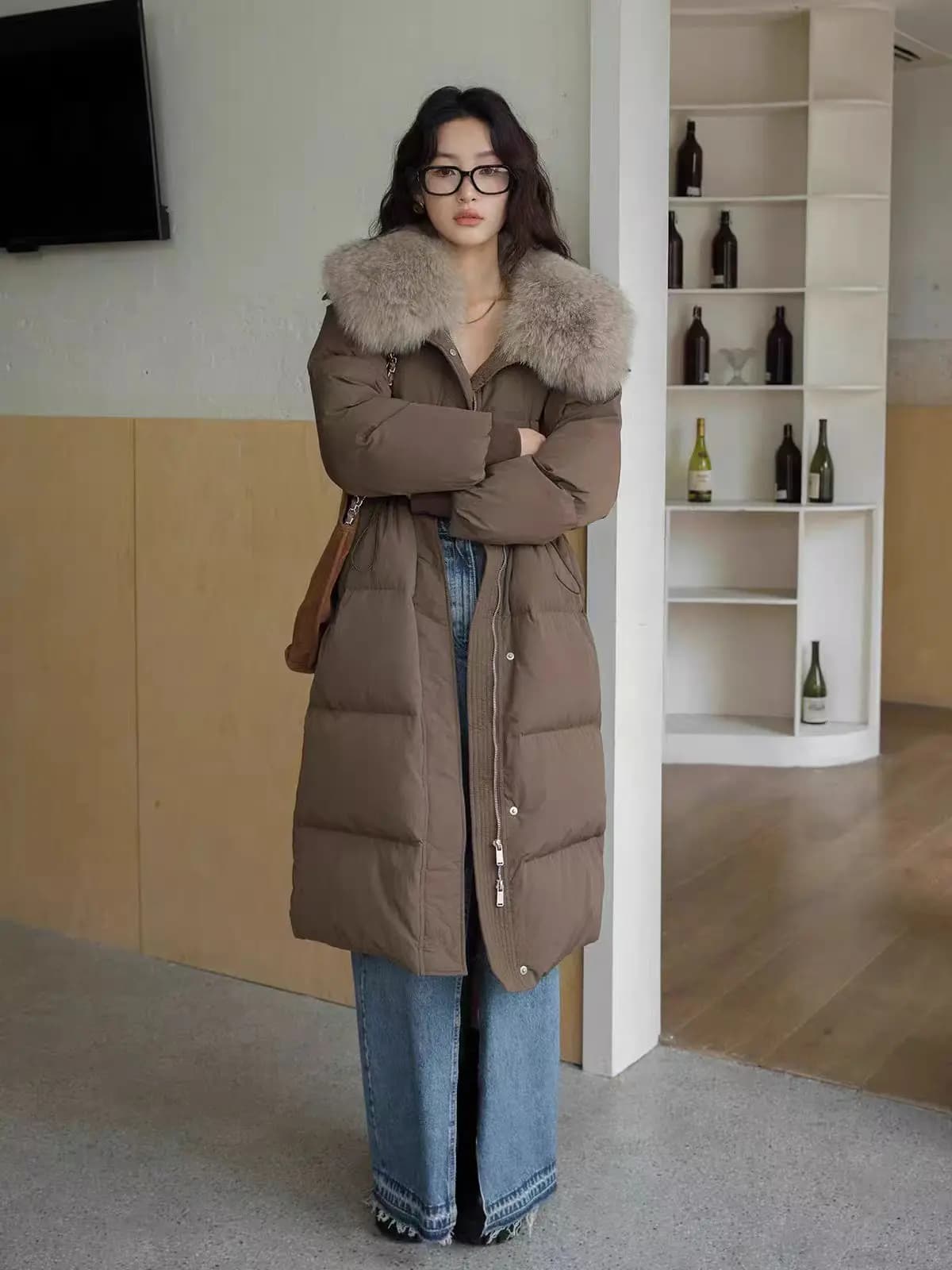 Korean Style Women Faux Fur Collar Hooded Overcoat Winter Warm CottonPadded Y2K Vintage Loose Casual Daily Long Outerwear Jacket
