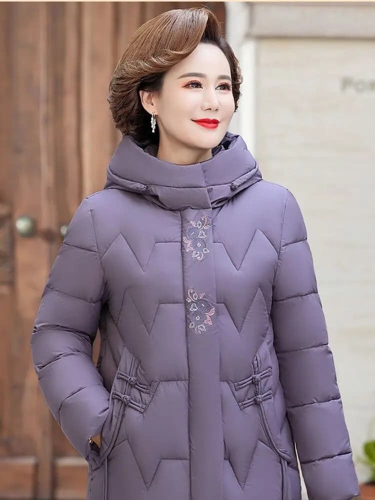 Loose Fit Cotton Jacket for Middle-Aged And Elderly Women Fashionable Large Size down Feather Embroidered Hooded Coat Thick