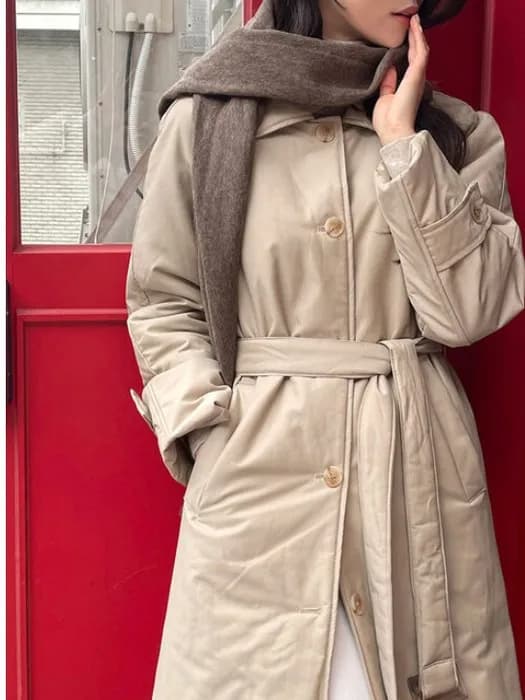 Elegant Street Style Cotton Jacket Women's Chic Vintage Lapel Belted Mid-Length Coat Polyester Fabric Long Sleeve Winter Oute...