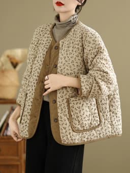 Retro Diamond Pattern Cotton Jacket Women's Winter Large Size Cotton Padded Thickened Short Outerwear Japanese Style round Ne...