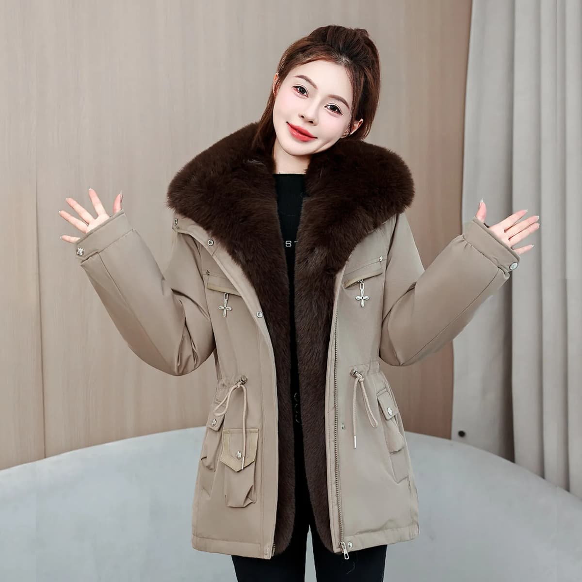 2026 New Women Winter Jacket Slim Mid Long Coat Casual Parkas Big Fur Collar Fleece Liner Outwear Female Snow Warm Cotton Coats