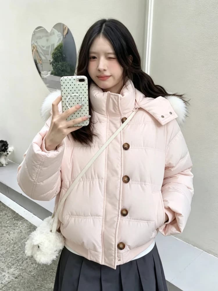 2026 Korean Fashion Women Winter Faux Fur Collar Hooded Parka Warm Cotton Padded Jacket Y2K Vintage Casual Streetwear Coat