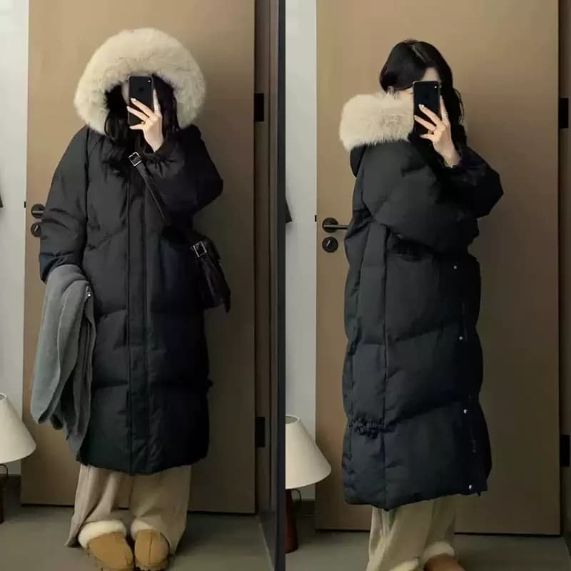 Korean Fashion Y2K Vintage Casual Women Long Parkas 2026 Faux Fur Collar Winter Warm Overcoats Outerwear Jackets Daily Style
