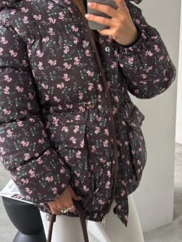 Women Floral Print Hooded Puffer Jacket Drawstring Waist Zipper Long Sleeve Loose Warm Quilted Coat Fall Winter Street Outwear