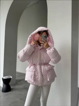 Women Floral Print Hooded Puffer Jacket Drawstring Waist Zipper Long Sleeve Loose Warm Quilted Coat Fall Winter Street Outwear