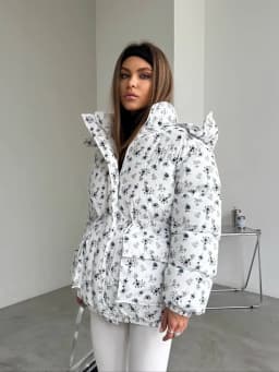 Women Floral Print Hooded Puffer Jacket Drawstring Waist Zipper Long Sleeve Loose Warm Quilted Coat Fall Winter Street Outwear