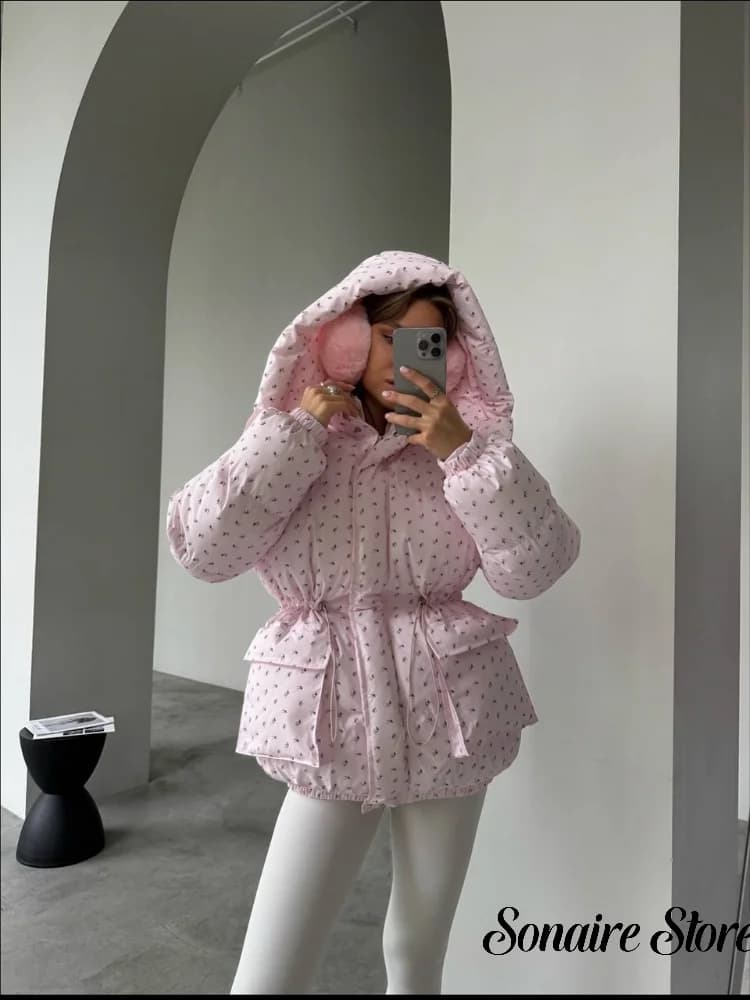 Women Floral Print Hooded Puffer Jacket Drawstring Waist Zipper Long Sleeve Loose Warm Quilted Coat Fall Winter Street Outwear
